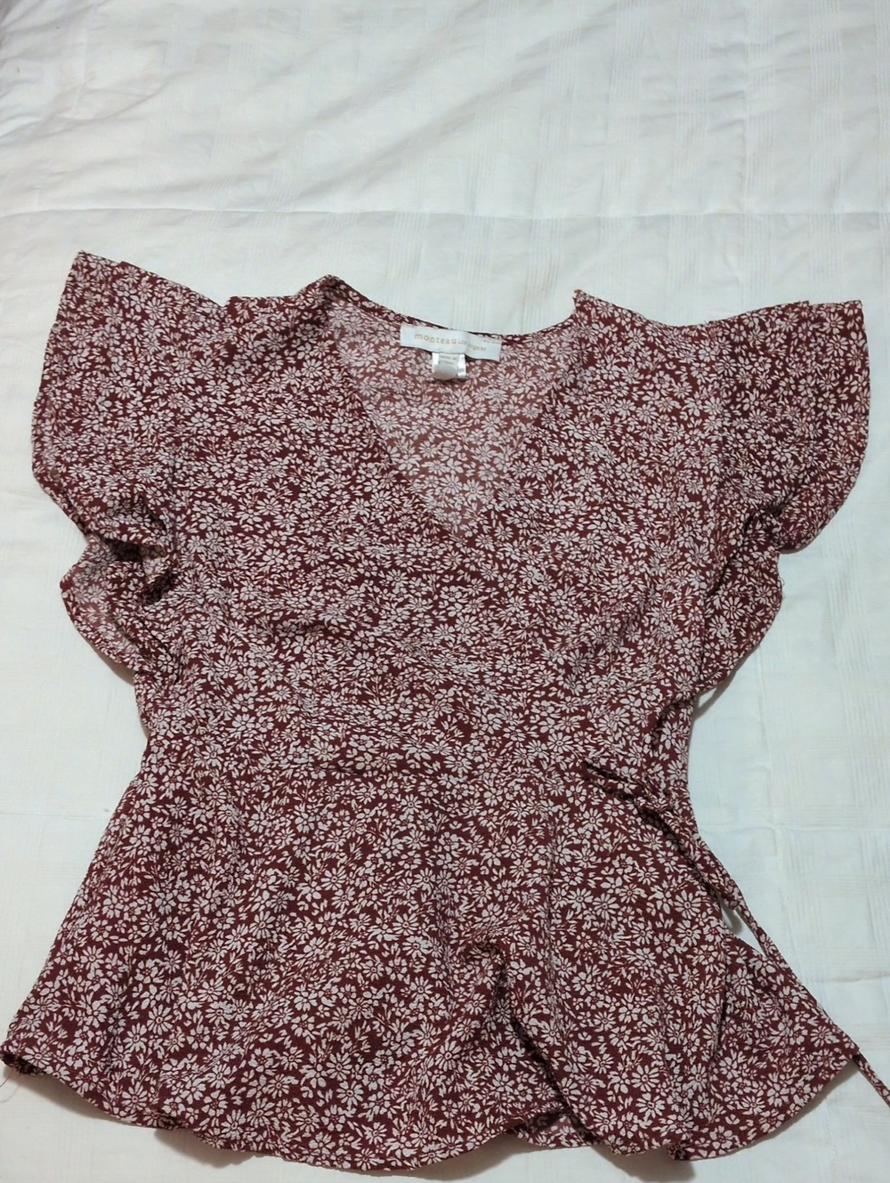Monteau Burgundy and White Floral Wrap Blouse With Elastic Waist Tie Size S